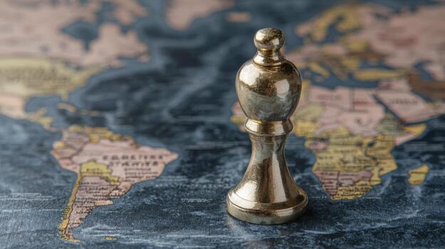 Strategic Vision A Captivating Chess Piece Photograph Against a Blurred World Map Backdrop, Evoking Themes of Global Strategy, International Relations, and Geopolitical Power Dynamics, with a Focus photo