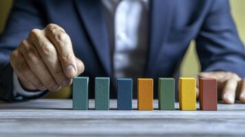 Strategic Decision Making A businessman strategically plans business success by arranging colorful wooden blocks representing diverse components, symbolizing risk management, problem-solving, and photo