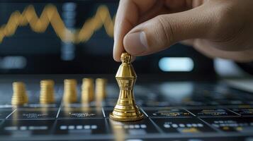 Strategic Business Move Visualizing Success Through Chess, Analyzing Market Trends, and Planning Financial Growth for Long-Term Investment Returns See Leadership in Action Placing the Golden Pawn in photo