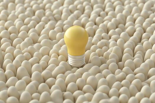 Standing Out A Bright Yellow Lightbulb Amidst a Sea of White, Blurring the Lines Between Creativity and Conformity, Exploring the Juxtaposition of Individuality Against Uniformity, Inspiring photo
