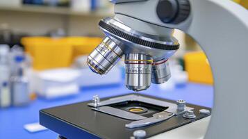 Close-up of a Metal Microscope on Blue Lab Table photo