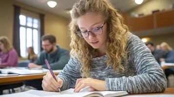 Focused Female Student Taking Notes in a Classroom photo
