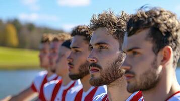 Focused Rowing Team Young Men in Red and White Uniforms photo
