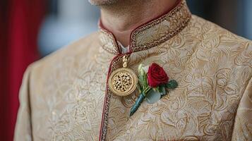 Gold Embroidered Garment with Red Rose Boutonniere photo