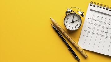 Planning Concept Alarm Clock, Pencils and Notepad on Yellow Background photo