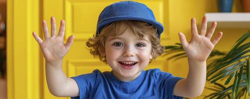 Playful Toddler Boy in Blue Cap, Raising Hands Against Yellow Background photo