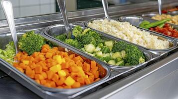 Steamed Vegetable Buffet Broccoli, Carrots, Zucchini, and Rice photo