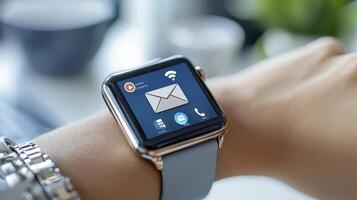 Woman Wrist Wearing Smartwatch Displaying Email Notification photo