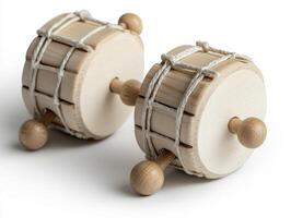 Small Wooden Drums with Beige Twine on White photo
