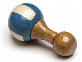 Blue and White Wooden Baby Rattle Toy on White Background photo