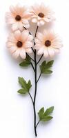 Peach Artificial Flowers with Green Leaves on White photo
