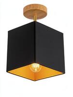 Modern Black and Gold Cube Pendant Lamp with Wood Accents photo
