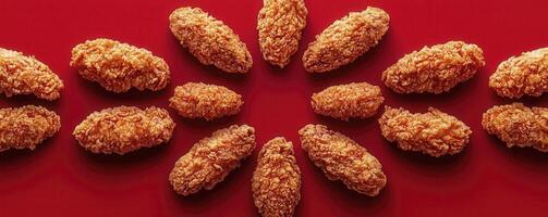 Crispy Golden Snacks in Starburst Pattern on Red Background photo