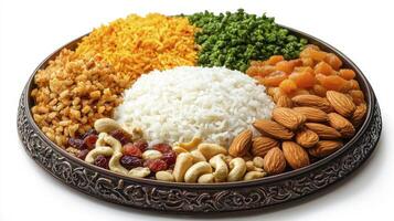 Ornate Platter with White Rice and Colorful Side Dishes photo