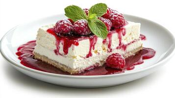Creamy Cheesecake with Raspberry Sauce and Mint photo