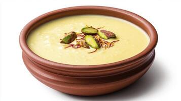 Creamy Pale Yellow Dessert with Pistachios and Saffron in Terracotta Bowl photo