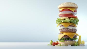 Layered Beef Burger with Cheese and Vegetables photo