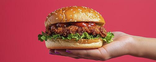 Crispy Chicken Sandwich in Hand Against Pink Background photo