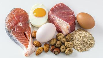 High-Protein Foods Salmon, Beef, Eggs, Nuts, and Quinoa photo