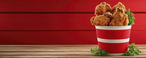 Crispy Fried Chicken in Red Bucket on Wooden Table photo