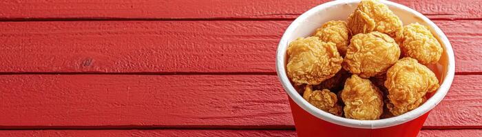 Crispy Fried Chicken in Red Bucket on Wooden Background photo