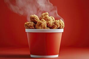 Steaming Crispy Fried Chicken in Red Bucket photo