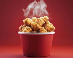 Steaming Hot Crispy Fried Chicken in Red Bucket photo
