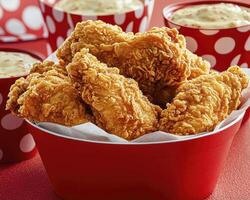 Crispy Fried Chicken Wings in Red Bowl with Dipping Sauces photo