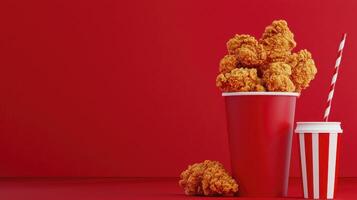 Crispy Fried Chicken in Red Cups on Red Background photo