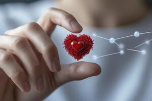 Hand Holding a Red Heart with Network Connections photo