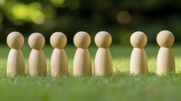 Seven Wooden Figures in a Row on Green Grass photo