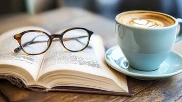 Latte Art Coffee, Open Book and Eyeglasses on Wooden Table photo