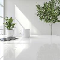 Sunlight on Minimalist White Desk with Plants photo