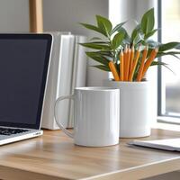 Minimalist Home Office Setup White Mug and Pencils on Wooden Desk photo