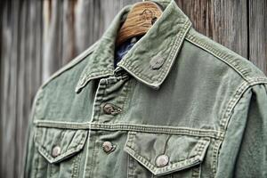Vintage Green Denim Jacket with Distressed Pattern photo