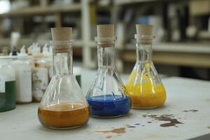 Amber, Blue, and Yellow Liquids in Glass Flasks on a Lab Table photo