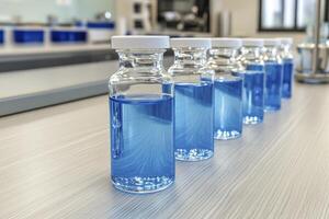 Light Blue Liquid in Glass Vials on Lab Table photo