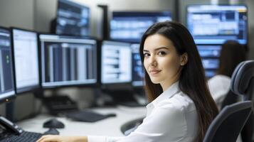 Focused Woman Working at Computer with Multiple Monitors photo