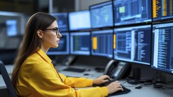 Focused Female Programmer Working at Computer with Multiple Monitors photo