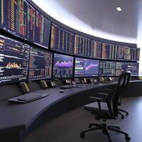 Modern Control Room with Curved Data Monitors photo