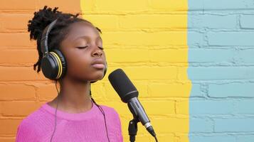 Girl Singing into Microphone Against Colorful Brick Wall photo