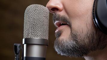 Man Singing into Microphone in Recording Studio photo