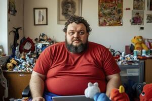 Portrait of a Bearded Man in a Red Shirt Amidst Cluttered Room photo