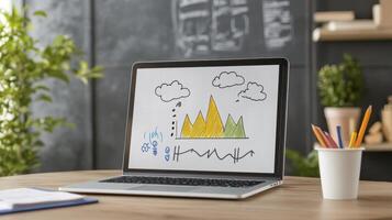 Childlike Drawing of Mountains and Rain on Laptop Screen photo