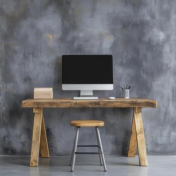 Minimalist Rustic Wooden Desk with Computer and Stool photo