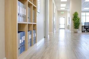 Modern Office Hallway with Light Wood Flooring and Beige Walls photo