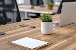 Modern Minimalist Workspace with Light Wood Desk and Green Plant photo