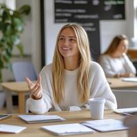 Smiling Young Woman in Classroom Discussion photo