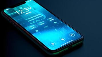 Futuristic digital device displaying trendy cyberpunk aesthetic with gradient colors modern workspace screen close-up tech concept photo