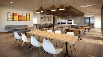Modern Office Breakroom Interior Design with Light Wood Tables and White Chairs photo
